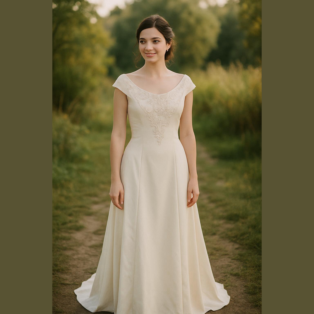 Vintage Off The Shoulder Wedding Gown with Pearl Beadwork - Picture 1 of 11